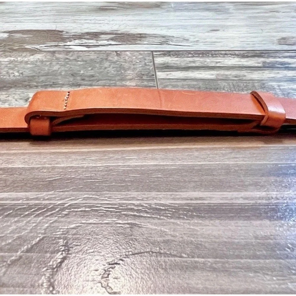 Chicos Italian Leather Brass Tone Waist Belt Size M/L Adjustable Hook Gemstones‎